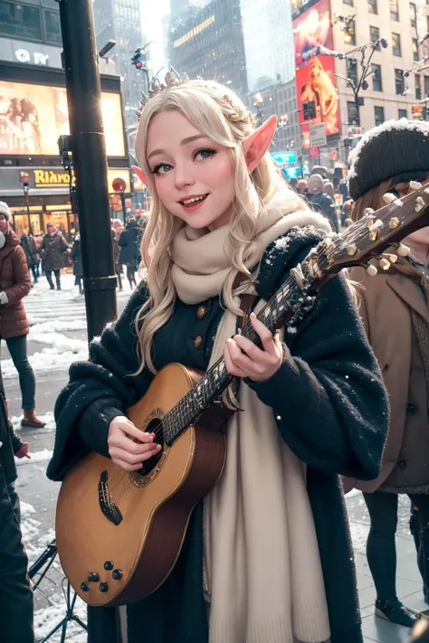 the elven snow princess busking on the streets of Manhattan, New York, realistic, candid Polaroid photo, film grain, oversized royal cardigan, casual, warm lighting, cozy, dutch angle, (smile:0.7)