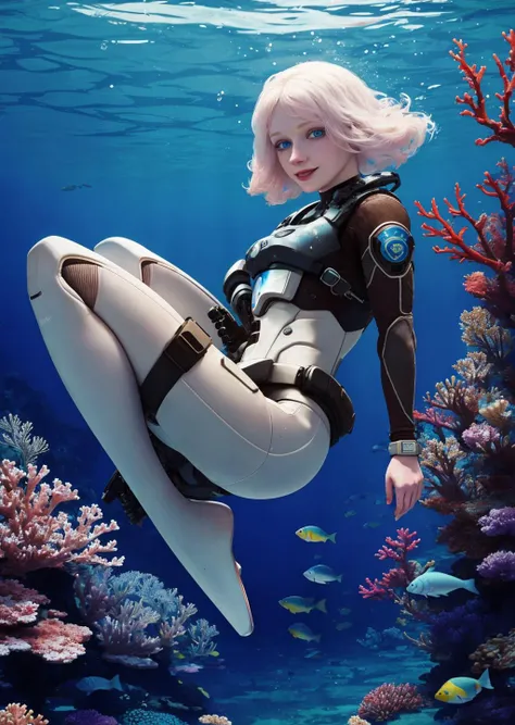 <lora:iana_(rainbow_six):0.8>, iana (rainbow six), masterpiece, best quality, 1girl, solo, detailed eyes, albino, pale skin, blue eyes, diving suit, diving underwater, smile, fish, corals, mermaids