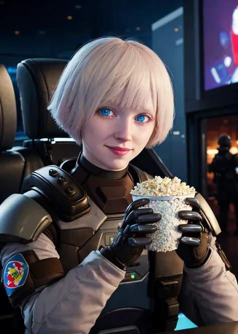<lora:iana_(rainbow_six):0.8>, iana (rainbow six), masterpiece, best quality, 1girl, solo, detailed eyes, albino, pale skin, blue eyes, smiling, armor, gloves, short hair, eating popcorn at the movies