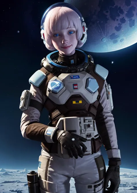 <lora:iana_(rainbow_six):0.8>, iana (rainbow six), masterpiece, best quality, 1girl, solo, detailed eyes, smile, albino, pale skin, blue eyes, gloves, space suit, space helmet, on the moon, space, sci-fi