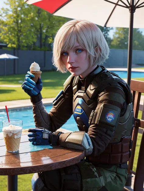 <lora:iana_(rainbow_six):0.8>, iana (rainbow six), masterpiece, best quality, 1girl, solo, detailed eyes, pale skin, blue eyes, armor, gloves, short hair, sitting outdoors, at a table, glass of ice cream on the table, sunny, summer