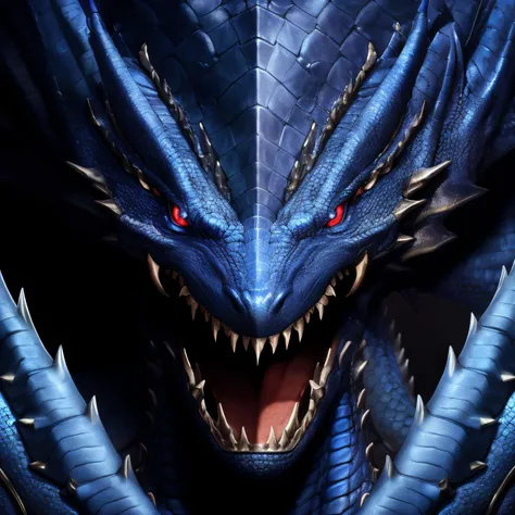 blue dragon, facing camera, big scales, angry, dark background, digital art, face close to camera, stunning details, very detailed, high resolution, photorealistic, cinematic lighting, realistic proportions, realistic perspective, harmonic composition, sharp focus, fantasy, D&D