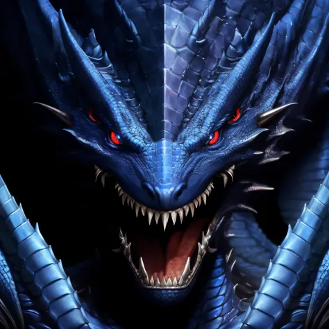blue dragon, facing camera, big scales, angry, dark background, digital art, face close to camera, stunning details, very detailed, high resolution, photorealistic, cinematic lighting, realistic proportions, realistic perspective, harmonic composition, sharp focus, fantasy, D&D