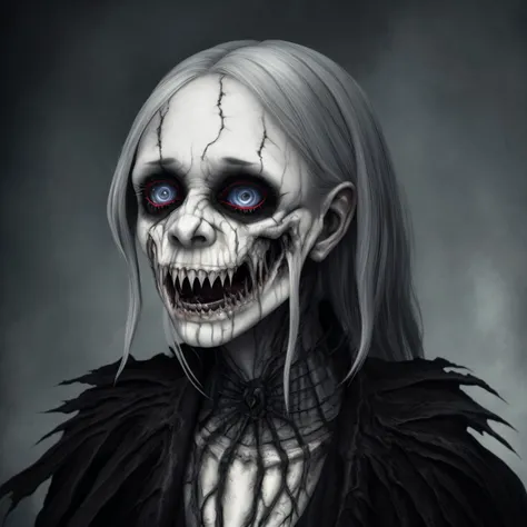banshee, ghost, old woman, dead, creepy, disfigured, broken jaw, decadent, ruined skin, realistic eyes, transparent body and clothes, scars, invisible, bloody, crying, screaming, sad, stunning details, very detailed, high resolution, photorealistic, cinematic lighting, realistic proportions, realistic perspective, harmonic composition, sharp focus, fantasy, D&D