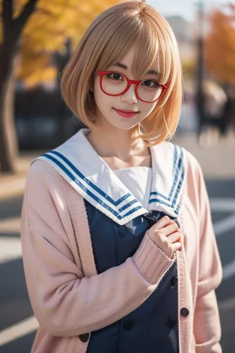 ltra-detailed,highly detailed,best quality,masterpiece,illustration,realistic,
mirai kuriyama, 1girl, solo, glasses, school uniform, blonde hair, fence, chain-link fence, cosplay, red-framed eyewear, ring, cardigan, jewelry, serafuku, short hair, adjusting eyewear, looking at viewer, smile, lips, realistic, long sleeves, blurry, brown eyes, upper body, black eyes, skirt, outdoors, sailor collar, depth of field, open clothes,
<lora:mirai kuriyama_v1_09:0.7>