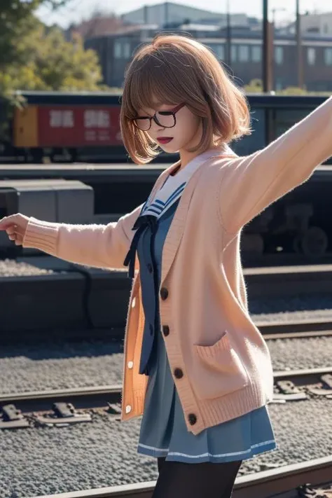 ltra-detailed,highly detailed,best quality,masterpiece,illustration,realistic,
mirai kuriyama, 1girl, solo, pantyhose,short hair, brown hair, black pantyhose, glasses, train station, standing, railroad tracks, outstretched arms, jacket, sunlight, long sleeves, shirt, closed eyes, blue shirt, casual, open clothes, shorts, outdoors, cardigan, legwear under shorts, from side, sketch,miniskirt,upper body,
<lora:mirai kuriyama_v1_09:0.7>