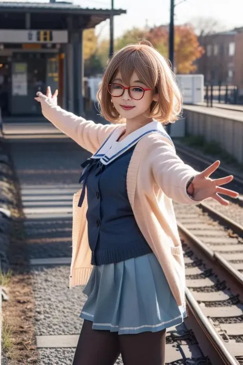 ltra-detailed,highly detailed,best quality,masterpiece,illustration,realistic,
mirai kuriyama, 1girl, solo, pantyhose, skirt, short hair, brown hair, black pantyhose, glasses, train station, standing, railroad tracks, outstretched arms, jacket, sunlight, long sleeves, shirt, closed eyes, blue shirt, casual, open clothes, shorts, outdoors, cardigan, legwear under shorts, from side, sketch, smile, miniskirt,cowboy shot,
<lora:mirai kuriyama_v1_09:0.7>