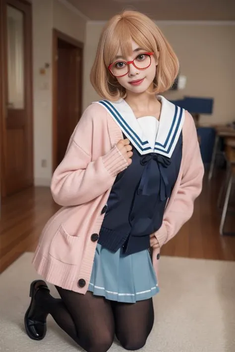 ltra-detailed,highly detailed,best quality,masterpiece,illustration,realistic,
mirai kuriyama, 1girl, solo,
red-framed eyewear, school uniform,cardigan, serafuku, sailor collar, long sleeves, pleated skirt, pantyhose, loafers,
blonde hair, short hair, bob cut, bangs,
looking at viewer, full body, sitting,
outdoors, tree, day,water, photo background, sky, on grass, lake,waves,
<lora:mirai kuriyama_v1_09:0.7>