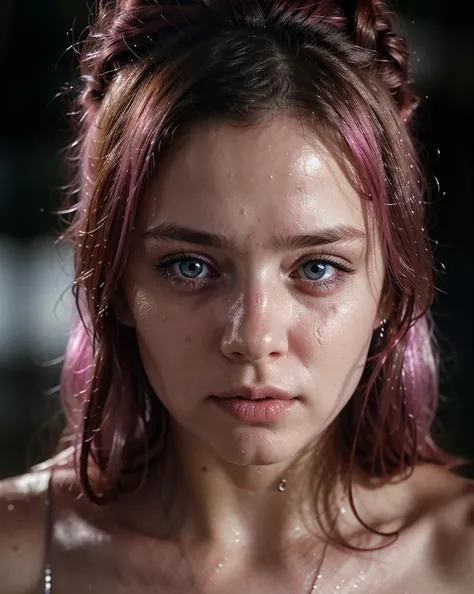closeup photo A girl wet face with blue eyes with a pink hair,in the style of detailed atmospheric portraits,tears run down on face,wet face,wet hair,rain drops run down,heavy rain,sparkling water reflections,hyper - detailed illustrations,wandering eye,fujifilm eterna vivid 500t,intense closeup,is captured with astonishing clarity,crystal clear closeup photo finely detailed eyes,moody,epic scene,epic composition,Photography,Cinematic Lighting,Volumetric Lighting,ethereal light,intricate details,extremely detailed volumetric rays,super realistic photo,