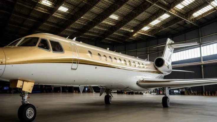 full gold private jet,parked in airport,
in the style of detailed photos,hyper - detailed illustrations,is captured with astonishing clarity,crystal clear photo,Photography,intricate details,super realistic photo,front view,cinematic lighting,volumetric lighting,(cinematic shot),