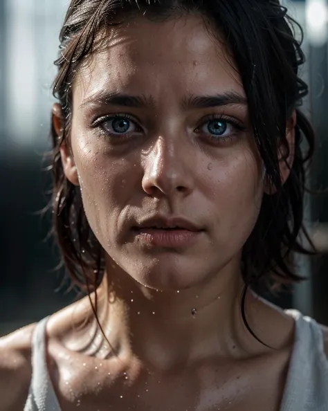 closeup photo A girl wet face with blue eyes with a black hair,in the style of detailed atmospheric portraits,tears run down on face,wet face,wet hair,rain drops run down,heavy rain,sparkling water reflections,hyper - detailed illustrations,wandering eye,fujifilm eterna vivid 500t,intense closeup,is captured with astonishing clarity,crystal clear closeup photo finely detailed eyes,moody,epic scene,epic composition,Photography,Cinematic Lighting,Volumetric Lighting,ethereal light,intricate details,extremely detailed volumetric rays,super realistic photo,