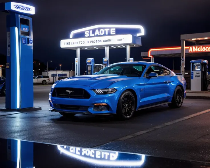 blue ford mustang parked in night gas station,neon light,reflections,lifelike,
