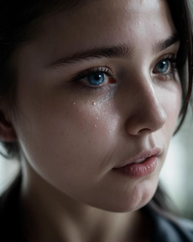 wide closeup photo A girl wet face with blue eyes with a black hair,in the style of detailed atmospheric portraits,tears run down on face,wet face,wet hair,rain drops run down,heavy rain,sparkling water reflections,hyper - detailed illustrations,wandering eye,fujifilm eterna vivid 500t,intense closeup,is captured with astonishing clarity,crystal clear closeup photo finely detailed eyes,moody,epic scene,epic composition,Photography,Cinematic Lighting,Volumetric Lighting,ethereal light,intricate details,extremely detailed volumetric rays,super realistic photo,