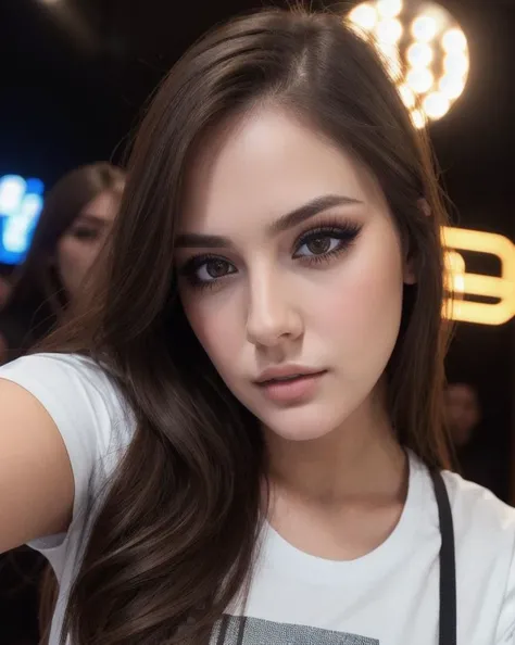 ((1girl)),brunette,wearing in t-shirt and shorts,evening makeup,lifelike,in nightclub,(high detailed face:1.2),looking at viewer,(wide close up shot),high detailed eyelashes,(selfie in instagram style),(skin_pores),natural skin,