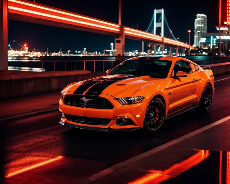 orange ford mustang gt,parked at night miami city,neon signs,reflections,
in the style of detailed photos,hyper - detailed illustrations,is captured with astonishing clarity,crystal clear photo,Photography,intricate details,super realistic photo,front view,cinematic lighting,