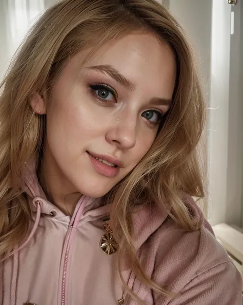 a girl with blonde hair,taking selfie,naughty_face,seductive_smile,makeup,pink hoodie,
in the style of detailed selfie photos),hyper - detailed illustrations,wandering eye,fujifilm eterna vivid 500t,intense closeup,is captured with astonishing clarity,crystal clear photo finely detailed eyes,moody,epic scene,epic composition,Photography,Volumetric Lighting,ethereal light,intricate details,extremely detailed volumetric rays,super realistic photo,