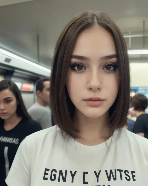 ((1girl)),brunette,wearing in t-shirt and shorts,evening makeup,lifelike,in subway,(high detailed face:1.2),looking at viewer,(wide close up shot),high detailed eyelashes,(selfie in instagram style),(skin_pores),