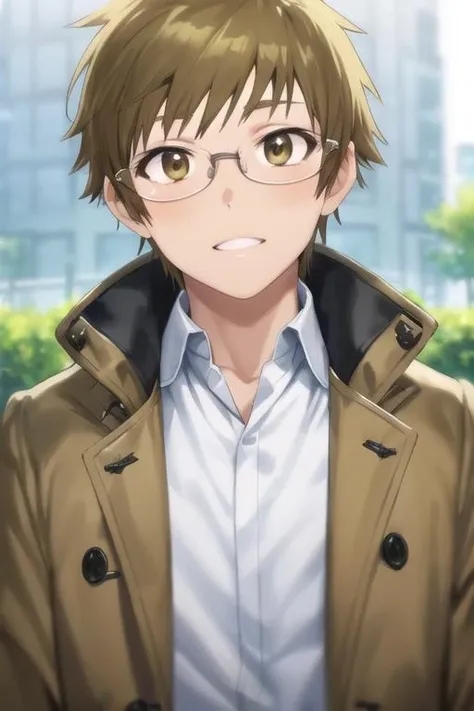 masterpiece, best quality, high quality, 1boy, solo, male focus, looking at viewer, upper body, depth of field, <lora:shuu_maiko:0.74>, shuu_maiko, brown hair, glasses, brown eyes, coat