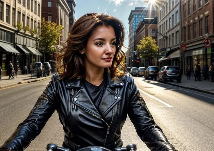 portrait of a beautiful woman, riding a motorcycle, wearing leather clothes, in a city street, happy, looking at horizon, detailed hair, (backlight) <lora:add_detail:1> <lora:pri_vargas_lora_V1-03:1>