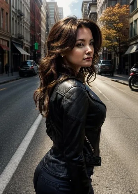 portrait of a beautiful woman, riding a motorcycle, wearing leather clothes, in a city street, happy,  looking at horizon,  detailed hair, (backlight) <lora:add_detail:1> <lora:pri_vargas_lora_V1-03:1>