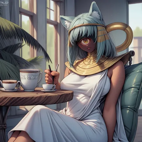 (masterpiece, best quality, extremely detailed,realistic,:1.3) natural lighting, highres, girl, sitting, detailed hair, drinking coffee, summer dress, dusk [[<lora:more_details:0.55>::60]:10] 
[<lora:suckerforlove_nyanlathotep-11:1.0> #cmd\(1 if step < 40 else  sin(life\)\)] (nyanlathotep:1.1), (colored skin:1.2), (one-eyed:1.1) egyptian, clothes,  white dress, fluffy tail,