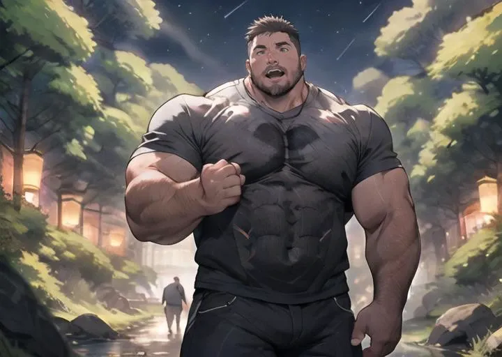 Best quality, masterpiece, ultra high res, detailed background, game_cg, muscular male, mature male, bara stocky, thick arms, thick thighs, White T-Shirt, Panicked expression, Mouth open, In the night, in the forest, Ghosts, Hands up, <lyco:GoodHands-beta2:1>, <lyco:NiJiMale_V1:0.5> <lora:Hyper Pecs:0.8> <lora:Baralora:0.3> <lora:cbp:0.3> <lora:last:1>