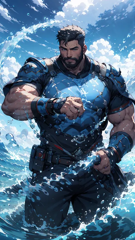 Best quality, masterpiece, ultra high res, detailed background, game_cg, 
muscular male, mature male, bara stocky, thick arms, thick thighs, 
Magician, <lyco:NiJiMaleV2-10:0.5>, <lyco:GoodHands-beta2:1>, Current agitation, Above the clouds, Water flows around the body, Magic water drops, yushuishu, water,