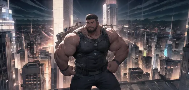 Best quality, masterpiece, ultra high res, detailed background, game_cg, muscular male, mature male, bara stocky, thick arms, thick thighs, Panicked expression, In the night, sunny day,in the city, manhattan,empire state building top,<lyco:GoodHands-beta2:1>, <lyco:NiJiMale_V1:0.5>,from above, full body, full shot, wide shot,(bara:1), (broken:1),35 years old ,very short hair,<lora:Baralora:0.3> <lora:last:0.5> <lora:Hyper Pecs:0.3> <lora:cbp:0.3>,1boy, <lora:Elixir:1>,future style,cyberpunk city,ocean, <lora:AntimatterTech:0.5>,red and blue neon lights,