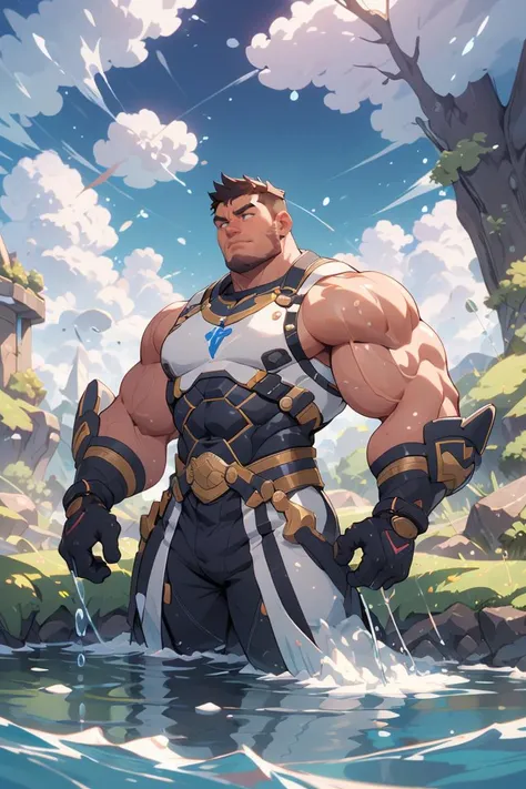 Best quality,masterpiece,ultra high res,detailed background,game_cg,muscular male,mature male,bara stocky,thick arms,thick thighs,Magician,Current agitation,Above the clouds,Water flows around the body,Magic water drops,yushuishu,water,<lora:GoodHands-vanilla:1>,<lora:NiJiMaleV2:0.5>,