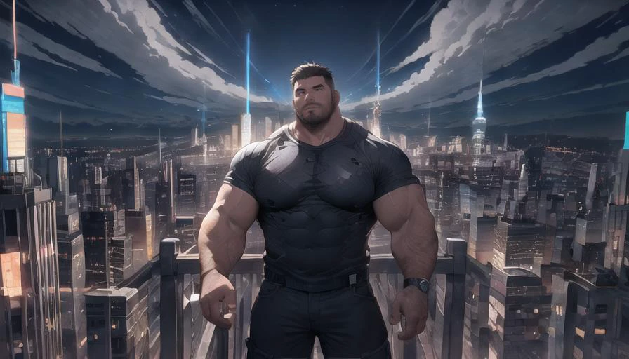 Best quality, masterpiece, ultra high res, detailed background, game_cg, muscular male, mature male, bara stocky, thick arms, thick thighs, Panicked expression, In the night, sunny day,in the city, manhattan,empire state building top,<lyco:GoodHands-beta2:1>, <lyco:NiJiMale_V1:0.5>,from above, full body, full shot, wide shot,(bara:1), (broken:1),35 years old ,very short hair,<lora:Baralora:0.3> <lora:last:0.5> <lora:Hyper Pecs:0.3> <lora:cbp:0.3>,1boy, <lora:Elixir:1>,future style,cyberpunk city,ocean, <lora:AntimatterTech:0.5>,red and blue neon lights,