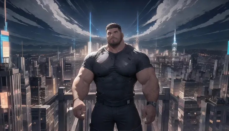 Best quality, masterpiece, ultra high res, detailed background, game_cg, muscular male, mature male, bara stocky, thick arms, thick thighs, Panicked expression, In the night, sunny day,in the city, manhattan,empire state building top,<lyco:GoodHands-beta2:1>, <lyco:NiJiMale_V1:0.5>,from above, full body, full shot, wide shot,(bara:1), (broken:1),35 years old ,very short hair,<lora:Baralora:0.3> <lora:last:0.5> <lora:Hyper Pecs:0.3> <lora:cbp:0.3>,1boy, <lora:Elixir:1>,future style,cyberpunk city,ocean,  <lora:AntimatterTech:0.5>,red and blue neon lights,