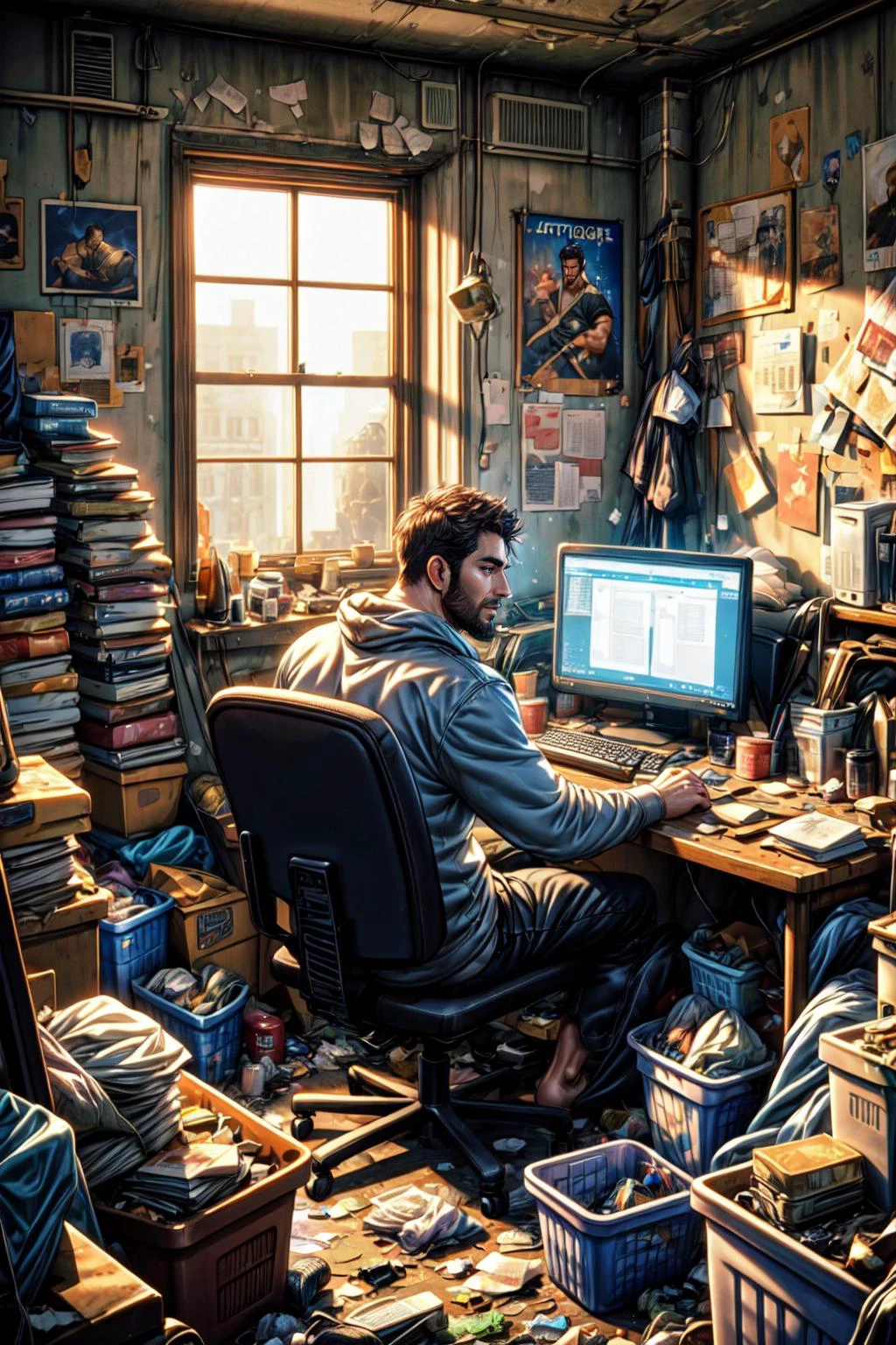 <lora:messyHikikomoriRoom:.5>, ((messy,messy room,trash bag,sitting on chair,computer,backlighting,)), muscular male, bara, mature
(homoerotic), masterpiece, highly detailed face and skin, hyperrealistic, male only, bara, mature, stubble, muscular male, handsome, male focus, light particlesreal light and shadow, (detailed background, cinematic, detailed, atmospheric, epic, concept art, masterpiece, best quality, 8k, ultrarealsitc), realistic,
<lora:style_adddetail:.7><lora:style_deluster2:-.5><lora:style_colorfix:.9><lora:style_NiJiMaleV2:0.2>