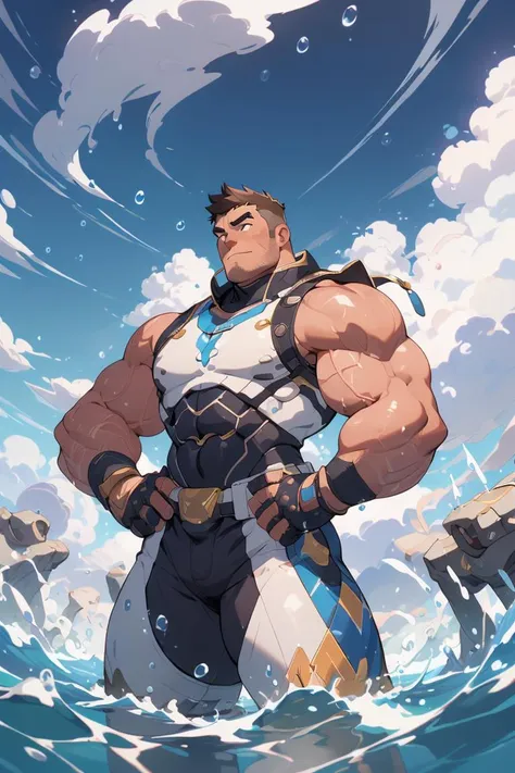 Best quality,masterpiece,ultra high res,detailed background,game_cg,muscular male,mature male,bara stocky,thick arms,thick thighs,Magician,Current agitation,Above the clouds,Water flows around the body,Magic water drops,yushuishu,water,<lora:GoodHands-vanilla:1>,<lora:NiJiMaleV2:0.5>,