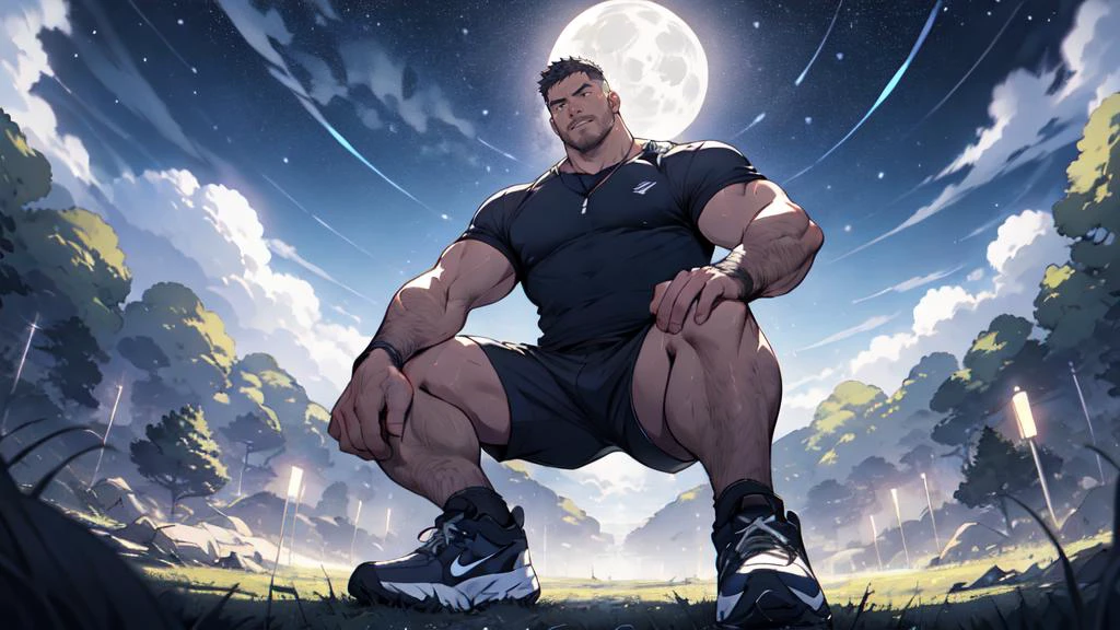 Draw a mature athlete,Standing in the grassland under the starry sky,he is wearing a T-shirt and athletic shorts and nike sneakers, Dramatic lighting from stars illuminates the scene,This man looks confident and determined, looking down,crew cut, full body,shot from below,a big moon in the background, <lyco:NiJiMale-09:0.4>