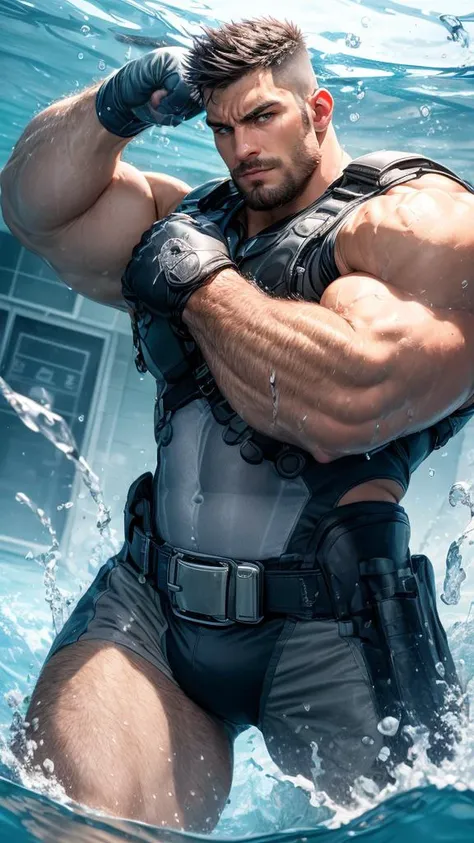 (only 1 man), Muscular man, dynamic pose, water splash, powerful, intense, short hair, tactical gear, harness, biceps, triceps, water droplets, blue tones, metal, determination, clenched fists, action, strength, ripple effect, high contrast, lighting, wet clothes, realism, tactical belt, pouches, straps, forearm guards, motion, protective gear, bursting water, intense gaze, heroic, under water, bubbles, churning water, skin texture, fabric detail, belt buckle, energy, shadows, highlights, wristbands, tension, forceful, currents, adrenaline, immersive, gripping, formidable, flexing, fitness, wet look, stormy, torrents, tactical gloves, detailed textures, rivets, buckles, gear details, aquatic, athletic, military, focused, surging, swirling, submerged, combat ready, resilience, hydrodynamic, dominant, rapid motion, clenched jaw,  <lyco:GoodHands-beta2:0.5>, <lyco:NiJiMaleV2:0.4>, (GS-masculine), <lora:epi_noiseoffset2:0.5>
8k, hires, absurdres, ultra-high resolution, RAW photo, best quality, masterpiece, best aesthetics, game_cg, perspective, atmospheric, epic, concept art, octane render, volumetric lighting, spot lighting, cinematic lighting, dynamic lighting, soft shadow, chiaroscuro, HDR, complex detailed, highly detailed, incrediblely detailed, extremely detailed, sharp focus, bokeh, depth of field, intricate, photorealistic, hyper realistic, professional photography, vivid colors, contrast, medium shot