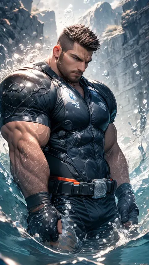 (only 1 man), Muscular man, dynamic pose, water splash, powerful, intense, short hair, tactical gear, harness, biceps, triceps, water droplets, blue tones, metal, determination, clenched fists, action, strength, ripple effect, high contrast, lighting, wet clothes, realism, tactical belt, pouches, straps, forearm guards, motion, protective gear, bursting water, intense gaze, heroic, under water, bubbles, churning water, skin texture, fabric detail, belt buckle, energy, shadows, highlights, wristbands, tension, forceful, currents, adrenaline, immersive, gripping, formidable, flexing, fitness, wet look, stormy, torrents, tactical gloves, detailed textures, rivets, buckles, gear details, aquatic, athletic, military, focused, surging, swirling, submerged, combat ready, resilience, hydrodynamic, dominant, rapid motion, clenched jaw,  <lyco:GoodHands-beta2:0.5>, <lyco:NiJiMaleV2:0.6>, (GS-masculine), <lora:epi_noiseoffset2:0.5>
8k, hires, absurdres, ultra-high resolution, RAW photo, best quality, masterpiece, best aesthetics, game_cg, perspective, atmospheric, epic, concept art, octane render, volumetric lighting, spot lighting, cinematic lighting, dynamic lighting, soft shadow, chiaroscuro, HDR, complex detailed, highly detailed, incrediblely detailed, extremely detailed, sharp focus, bokeh, depth of field, intricate, photorealistic, hyper realistic, professional photography, vivid colors, contrast, medium shot