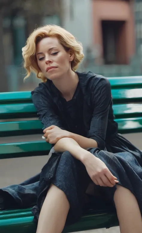 <lora:elizabeth_banks :1> elizabeth banks woman a candid half body photo of a beautiful a woman, street wear, on a bench, resting, closed eyes