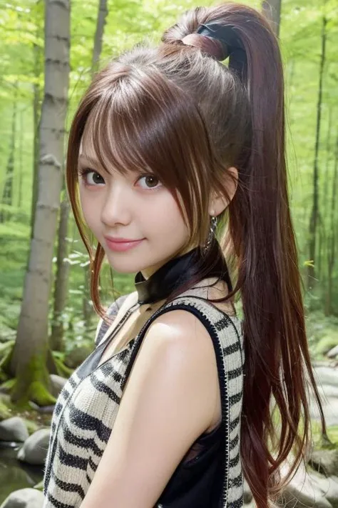 1girl,wearing a jpop idol outfit (RAW photo, best quality), (realistic, photo-realistic:1.4), masterpiece, an extremely delicate and beautiful, extremely detailed, 2k wallpaper, Amazing, finely detail, extremely detailed CG unity 8k wallpaper, ultra-detailed, highres, soft light, beautiful detailed girl, extremely detailed eyes and face, beautiful detailed nose, beautiful detailed eyes,cinematic lighting,in a beautiful forest of pine trees at a Japanese countryside,autumn scenery,maple trees in autumn,by a small rocky river,perfect anatomy,slender body,smiling,tied up hair <lora:tanakareina_lora:0.8>