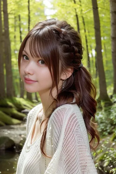 1girl,(RAW photo, best quality), (realistic, photo-realistic:1.4), masterpiece, an extremely delicate and beautiful, extremely detailed, 2k wallpaper, Amazing, finely detail, extremely detailed CG unity 8k wallpaper, ultra-detailed, highres, soft light, beautiful detailed girl, extremely detailed eyes and face, beautiful detailed nose, beautiful detailed eyes,cinematic lighting,in a beautiful forest of pine trees at a Japanese countryside,autumn scenery,maple trees in autumn,by a small rocky river,perfect anatomy,slender body,smiling,tied up hair <lora:tanakareina_lora:0.8>