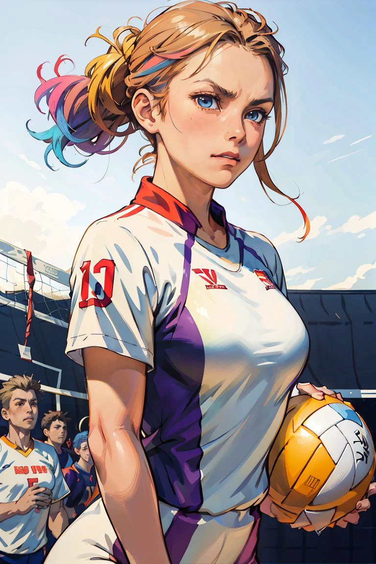 (colorful:1.3) , vivid colors, anime key visual, beefy sexy girl in volleyball uniform, Bald hair, Irritated Long flowy hairstyle, Golden Age Pores, Side lighting, <lora:soviet-poster:0.7>