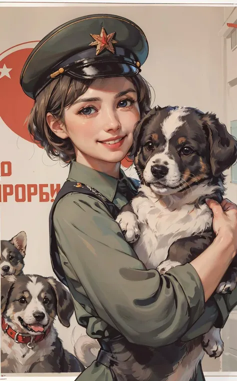 (best quality:1.2), woman with puppy, smile, looking at camera, soviet union, poster, <lora:soviet-poster:0.7>