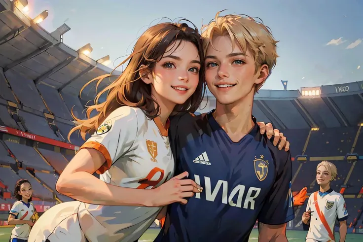 masterpiece, best quality, highest detailed, dynamic angle, colorful, beautiful, cheerful and playful (brunette girl in soccer uniform:1.4), hugs a gentle (blond guy in casual outfit:1.4), he is her fan, (looking at each other), smiling, empty stadium, after training, she loves him, evening, <lora:soviet-poster:0.7>