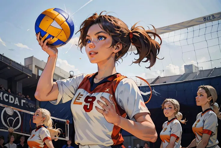 masterpiece, best quality, highest detailed, dynamic angle, colorful, vivid, beautiful, cheerful and playful girl in (volleyball) uniform, blue eyes, long ponytails, one ball, outdoor volleyball court, team players, from below, (looking left:1.2), (holding one ball with both hands), soviet <lora:soviet-poster:0.8>