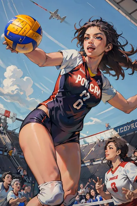 masterpiece, best quality, highest detailed, dynamic angle, colorful, vivid, beautiful, cheerful and playful girl in (volleyball) uniform, from below, <lora:soviet-poster:0.8>