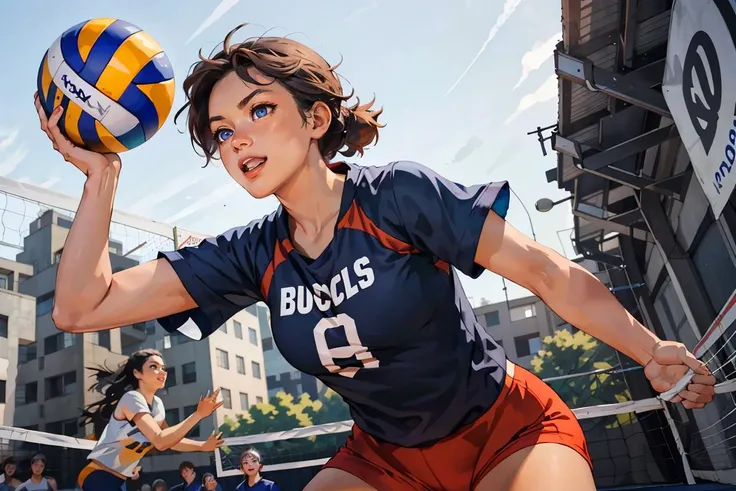 masterpiece, best quality, highest detailed, dynamic angle, colorful, vivid, beautiful, cheerful and playful girl in (volleyball) uniform T-shirt, blue eyes, one ball, outdoor volleyball court, team players, from below, (looking left:1.2), (holding one ball with both hands:1.2), <lora:soviet-poster:0.7>