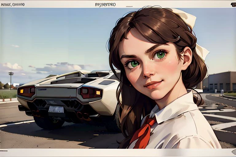 (hyperdetailed:1.2), (hyperrealistic:1.3), soviet, solo (Katj4Herb3rs01-1300), (dark brown school uniform:1.4), (big white bow in hair:1.4), (red neckerchief:1.3), (leaning forward:1.1), (downblouse view), (flirty smirk), (shy:-2), looking at camera, (Lamborghini Countach car behind on background, <lora:c0unt4ch:0.8>), outdoor, yard, sky with little clouds, (hyperdetailed realistic skin texture:1.3), hyperdetailed face, (green eyes:1.2), (masterpiece, best quality:1.5), <lora:soviet-poster:0.6>, <lyco:GoodHands-beta2:1.0>