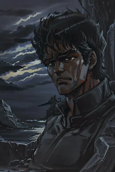 closeup of a man with a serious expression, wearing a black jacket and black shirt, looking at something, at night, HNKstyle, 80's anime, <lora:HNKstyle-000001:0.7>
<lora:soviet-poster:1:MIDD>