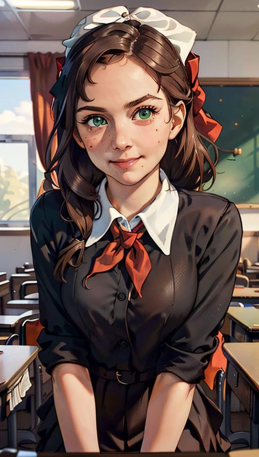 teacher's pet, (hyperdetailed:1.2), (hyperrealistic:1.3), soviet, (Katj4Herb3rs01-1300) seated at a desk in the front row of her college classroom, (dark brown school uniform:1.4), (big white bow in hair:1.4), (red neckerchief:1.3), (leaning forward:1.1), (downblouse view), (flirty smirk:1.2), (shy:-2), looking at camera, (hyperdetailed realistic skin texture:1.3), hyperdetailed face, (green eyes:1.2), empty classroom background, (masterpiece, best quality:1.5), <lora:soviet-poster:0.6>, <lyco:GoodHands-beta2:1.0>