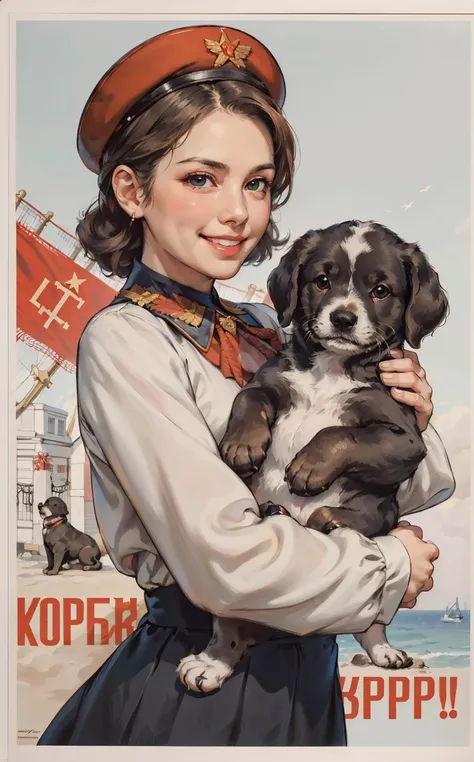 (best quality:1.2), woman with puppy, smile, looking at camera, soviet union, poster, <lora:soviet-poster:0.7>