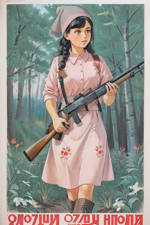 (best quality:1.2), a black haired Caucasian girl in a pink buttoned blouse and dress with flower print, (gray) knit cap, black high boots, holding a (double-barreled Mosin-Nagant rifle with classic red wooden stock and leather belt strap), looking right, forest, two birches on background, small little pine, left birch has seven black birds on branches, correct hands, <lyco:GoodHands-beta2:1.0>, (soviet poster), <lora:soviet-poster:0.7>, frame, white padding